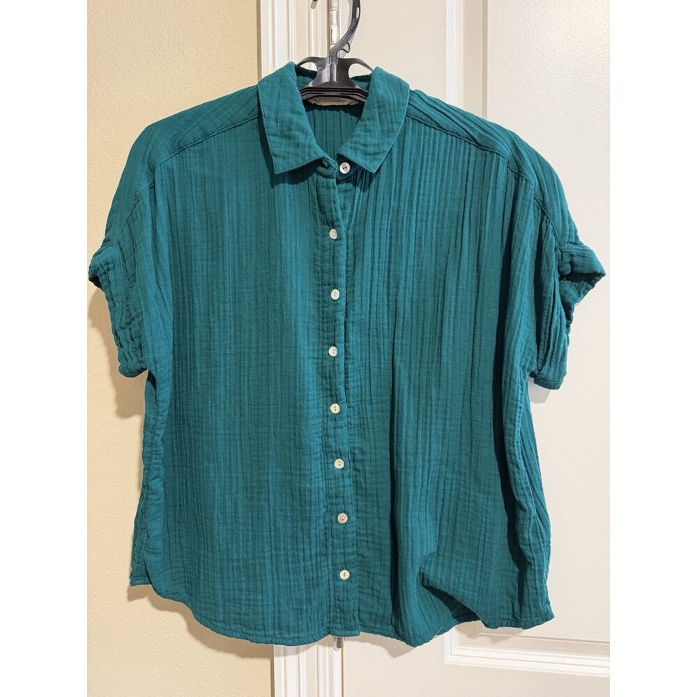 Soft Surroundings PM Petite Medium Green Crinkle Gauze Button Front Shirt Boho